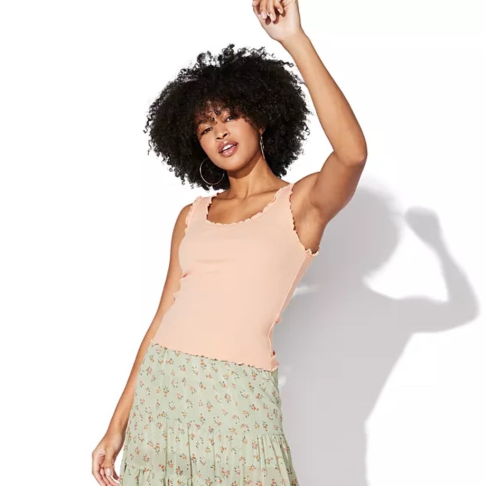 Vylette Lettuce Edge Rib Knit Tank- Pink M